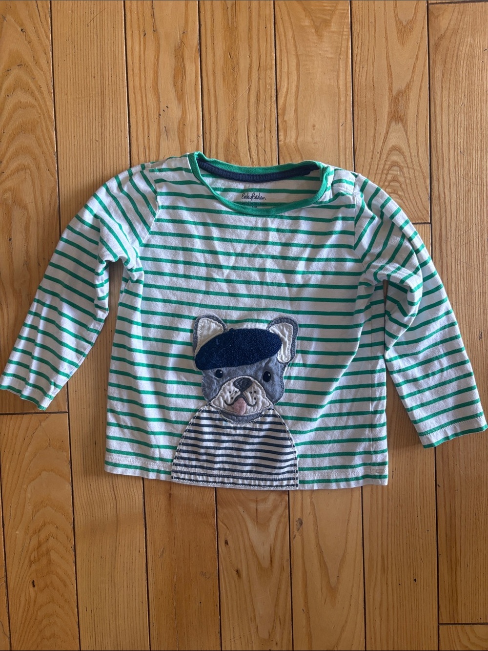 Baby Boden Green & White Striped Kids Long-Sleeve Top with Frenchie Applique